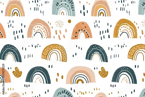 Small, minimalist rainbows in muted tones, repeated in a cute pattern on a white background