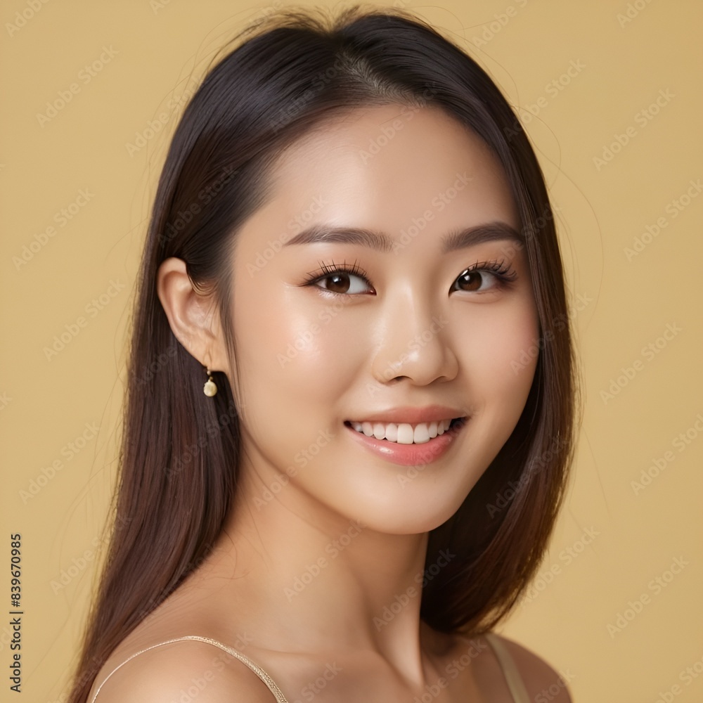 Pretty Asian beauty woman long hair with japanese makeup glowing face and healthy facial skin portrait smile on isolated light yellow background Pretty Asian beauty woman long hair with japanese makeup glowing face and healthy facial skin portrait smile on isolated light yellow background