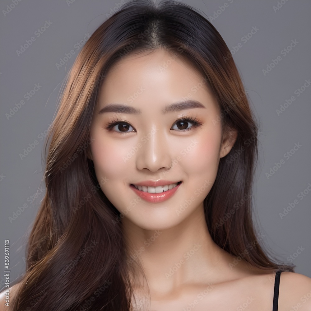 Fototapeta premium Pretty Asian beauty woman long hair with japanese makeup glowing face and healthy facial skin portrait smile on isolated grey background