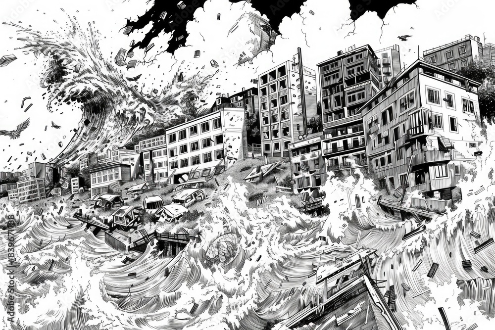 Obraz premium A black and white drawing of a city overlooking the ocean, perfect for use in designs related to coastal towns or urban landscapes
