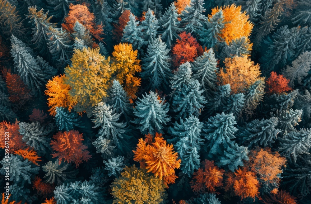 Aerial View of Autumn Foliage and Mist in Mountain Forest Aerial View of Autumn Foliage and Mist in Mountain Forest