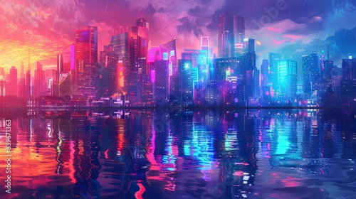 Futuristic city. Concept Art. Cityscape at night with bright neon lights. 3D illustration. AI generated illustration