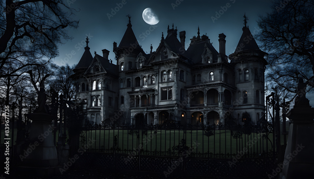 Spooky Victorian mansion at night with iron fence and crumbling statues Spooky Victorian mansion at night with iron fence and crumbling statues