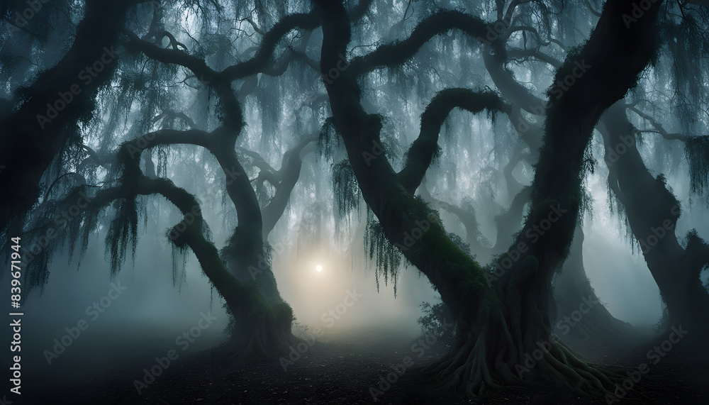 Naklejka premium Mystical Moonlit Forest Glade with Weeping Willows