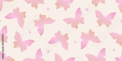 Gradient butterfly scattered shape seamless pattern vector illustration. Insect and star repeated ornament. Design for textile, fabric, background, wrapping paper, package. 90s aesthetic vibe.
