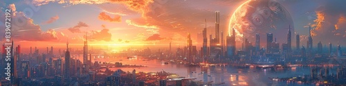 Futuristic city at sunset with a large planet in the background