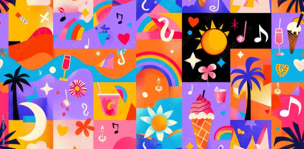 A vibrant and colorful abstract flat design with various summer icons A vibrant and colorful abstract flat design with various summer icons
