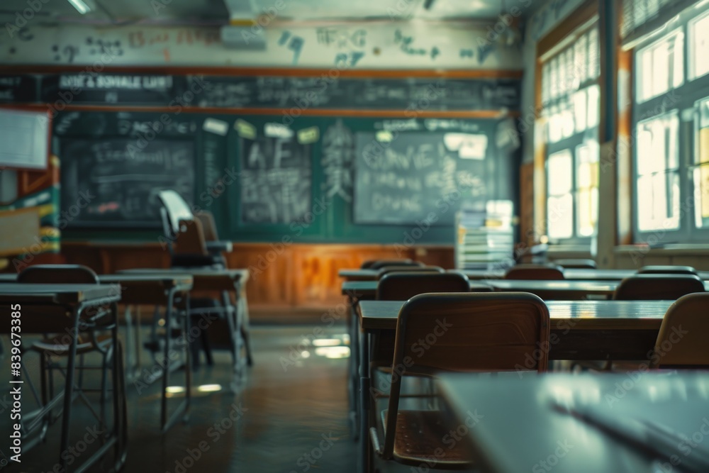 A typical classroom setup with tables and chairs in front of a chalkboard, ideal for educational or training purposes A typical classroom setup with tables and chairs in front of a chalkboard, ideal for educational or training purposes