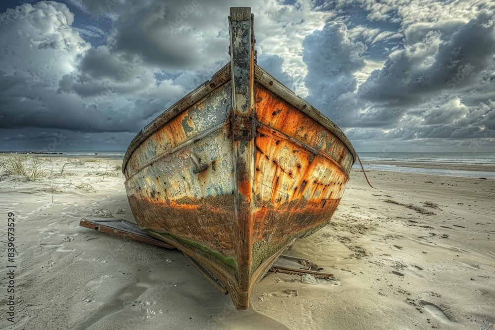 Old boat abandoned on the beach with sand and seaweed covered, great for coastal or ocean themed projects Old boat abandoned on the beach with sand and seaweed covered, great for coastal or ocean themed projects