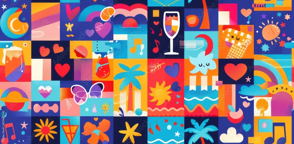 A vibrant and colorful abstract flat design with various summer icons A vibrant and colorful abstract flat design with various summer icons