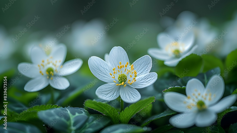 A close-up of nature woodland flowers blooming on the forest floor A close-up of nature woodland flowers blooming on the forest floor