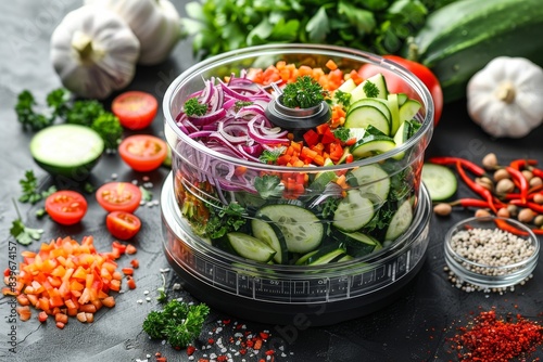 Electric vegetable chopper with fresh cucumber, onion and carrot