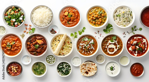 A set of Indian food dishes on a white background, in a top view, flat lay, photo stock, 