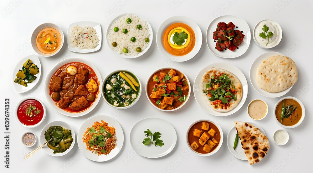 A set of Indian food dishes on a white background, in a top view, flat lay, photo stock, high resolution A set of Indian food dishes on a white background, in a top view, flat lay, photo stock, high resolution