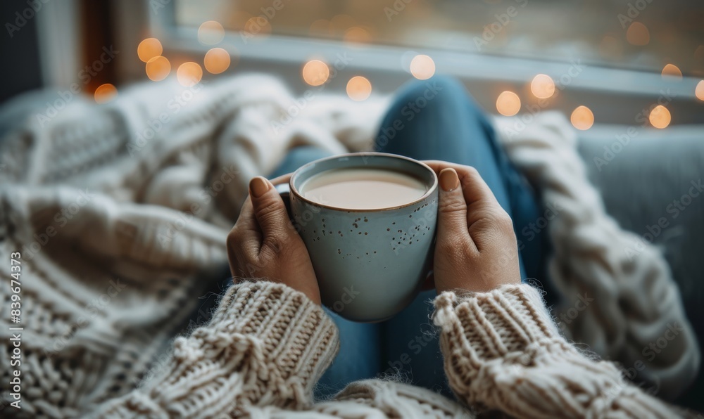 Woman Wearing a Cozy Knit Sweater Holding a Cup of Coffee Woman Wearing a Cozy Knit Sweater Holding a Cup of Coffee