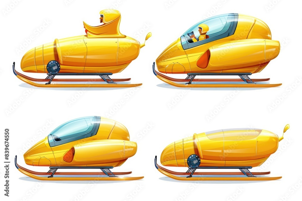 Fototapeta premium Four yellow snowmobiles sit on a clean white background, waiting to hit the snowy trails