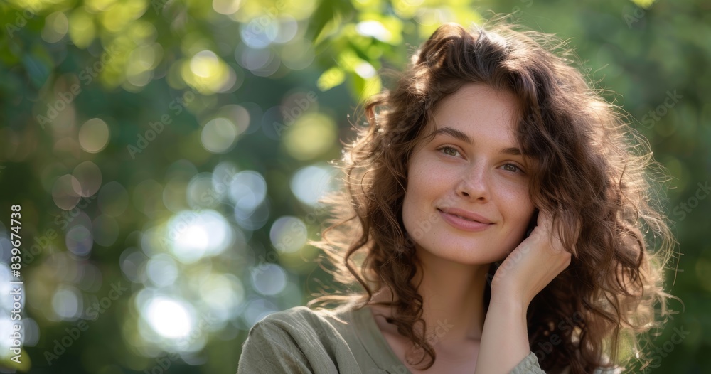 Portrait of a Happy Woman with Wavy Hair in Nature. Generative AI. Portrait of a Happy Woman with Wavy Hair in Nature. Generative AI.