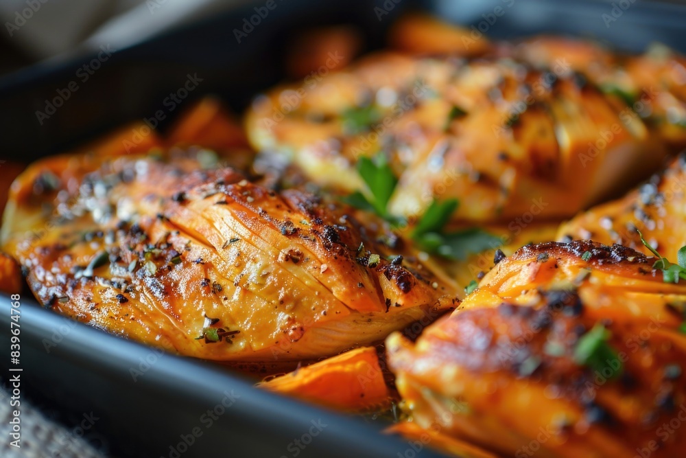 Close-up of a pan filled with juicy chicken pieces and colorful sweet potatoes cooking to perfection Close-up of a pan filled with juicy chicken pieces and colorful sweet potatoes cooking to perfection