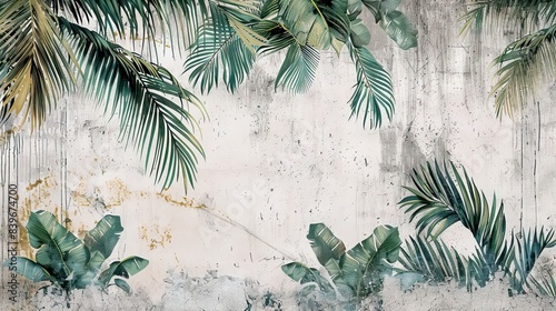 Tropical trees and leaves - 3d wallpaper - wallpaper mural- 3D illustration. AI generated illustration