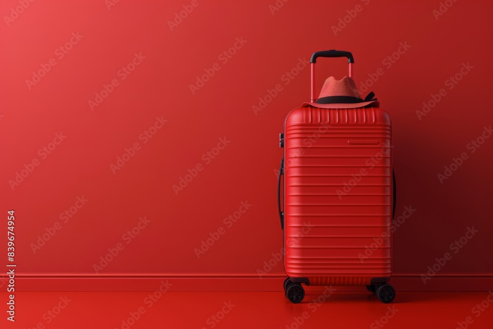 Red Suitcase With Straw Hat Against a Red Wall Red Suitcase With Straw Hat Against a Red Wall