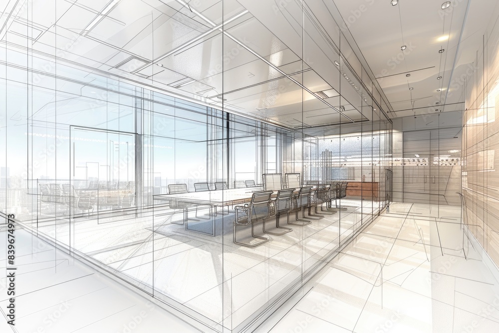 A drawing of a contemporary conference room showcasing a panoramic view of the city skyline through large windows A drawing of a contemporary conference room showcasing a panoramic view of the city skyline through large windows