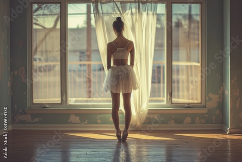 A woman stands in front of a window in a room  looking outside