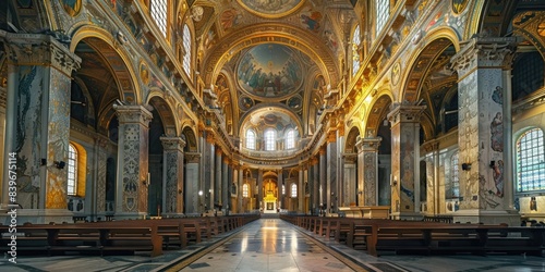 A large interior space with rows of pews  suitable for worship or ceremony
