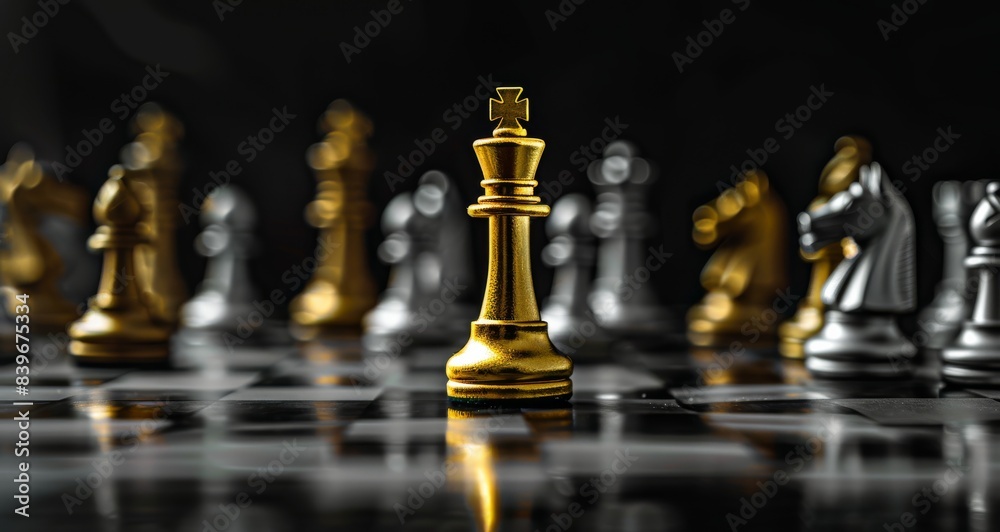 Gold King Chess Piece on Black and White Board Gold King Chess Piece on Black and White Board