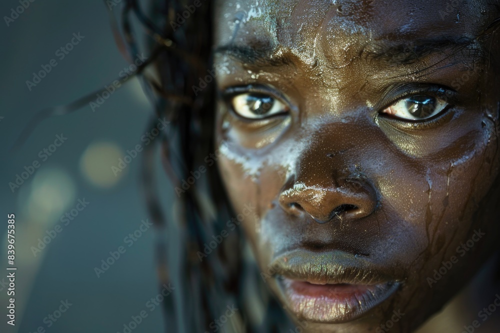 A close up of a persons face covered in mud, showcasing the raw and primal connection to nature and earth A close up of a persons face covered in mud, showcasing the raw and primal connection to nature and earth