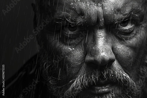 A man, embraced by the rain, stands with stoic strength, his figure highlighted in the contrasts of black and white tones