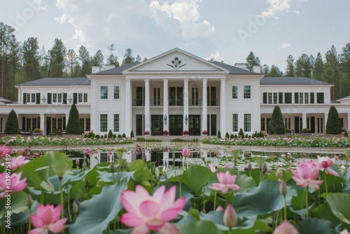 Tranquil classic white house nestled in the forest with lotus garden and picturesque lake view