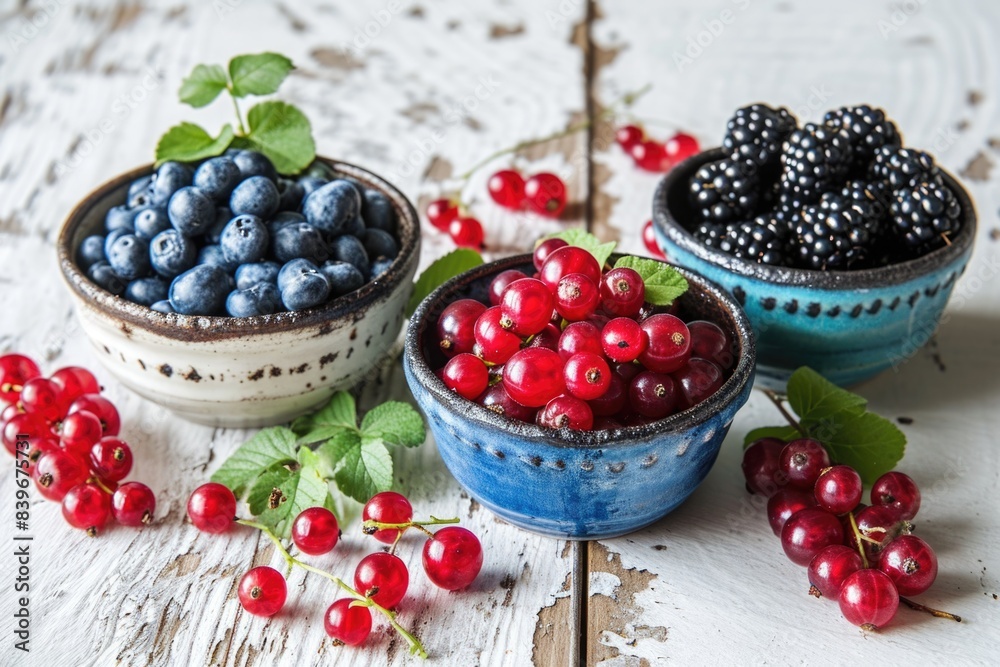 Berry trio on display: Blueberries, red currants, and blackberries elegantly presented in bowls on a rustic white surface Berry trio on display: Blueberries, red currants, and blackberries elegantly presented in bowls on a rustic white surface