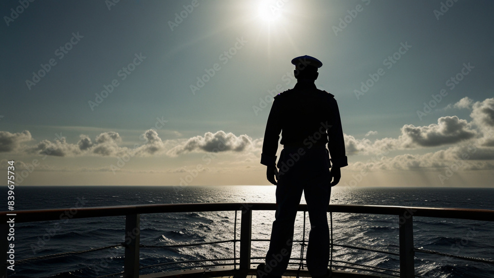 Fototapeta premium Seafaring Odyssey - Sailor's Silhouette Standing Tall on Ship Deck Amidst Boundless Ocean