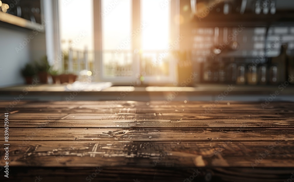 Empty wooden table top with blurred kitchen interior background 