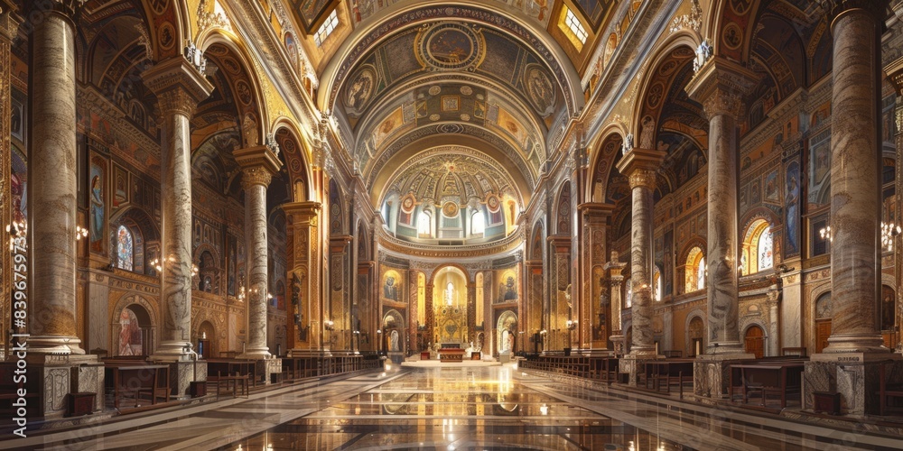 A grand interior of a large cathedral with a marble floor and high ceilings, suitable for use in architectural, historical or spiritual contexts