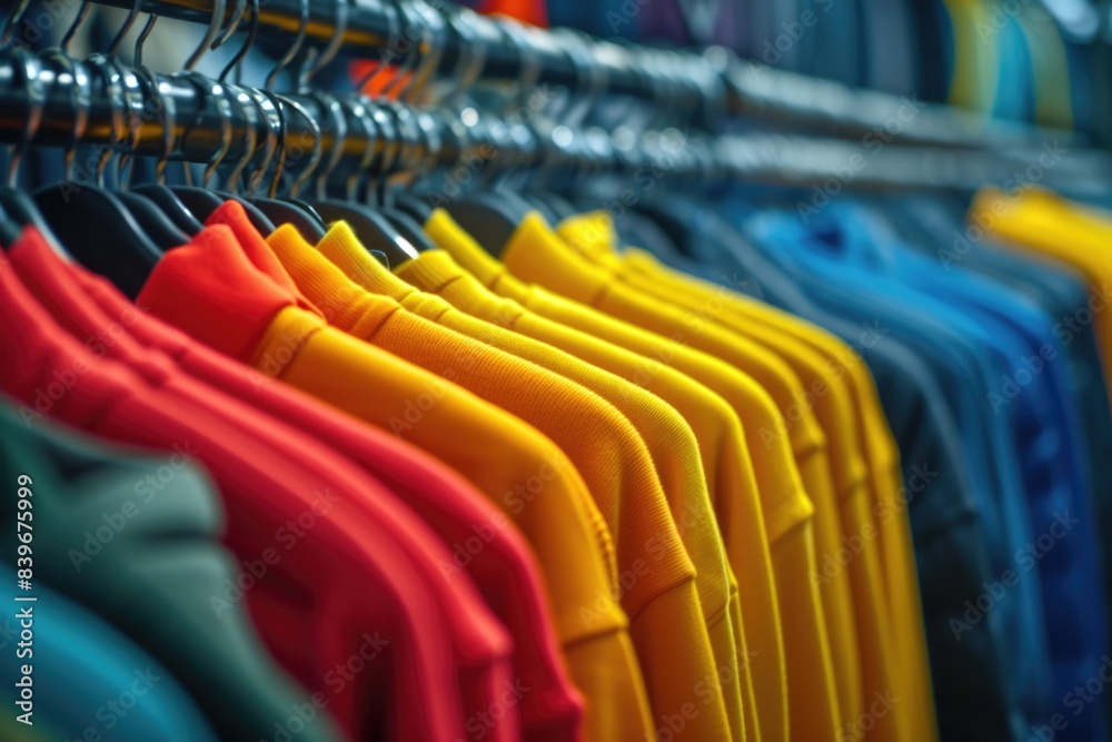An assortment of warm, insulated jackets in a rainbow of colors hanging in a shop An assortment of warm, insulated jackets in a rainbow of colors hanging in a shop