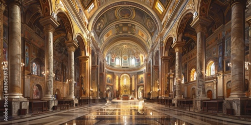 A grand interior of a large cathedral with a marble floor and high ceilings  suitable for use in architectural  historical or spiritual contexts