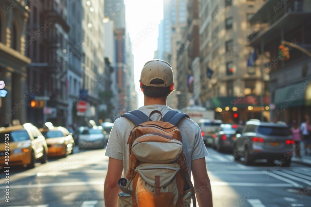 A traveler in a grey hat and yellow backpack ready to cross an urban street. A traveler in a grey hat and yellow backpack ready to cross an urban street.