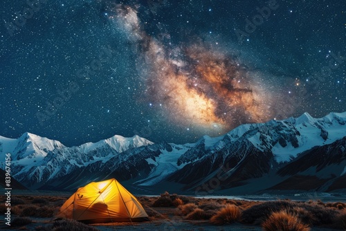 A single tent standing in an open field with mountains visible in the distance