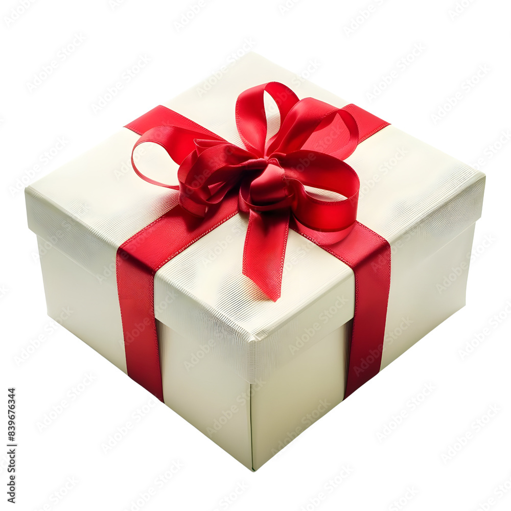 Obraz premium A neatly wrapped gift box adorned with a red ribbon on a transparent background. PNG file.