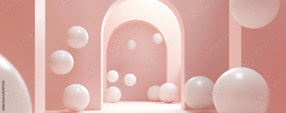 Minimalist photo of white spheres floating in a pink arched hallway Minimalist photo of white spheres floating in a pink arched hallway