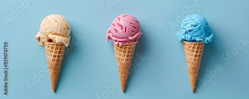 Three Ice Cream Cones on Blue Background