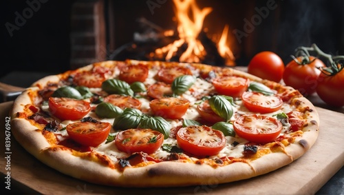 Tasty pizza on table against oven