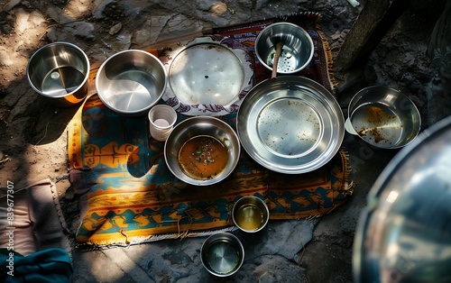 A set of stainless steel plates, pots and cups were placed on the ground in an Indian village kitchen