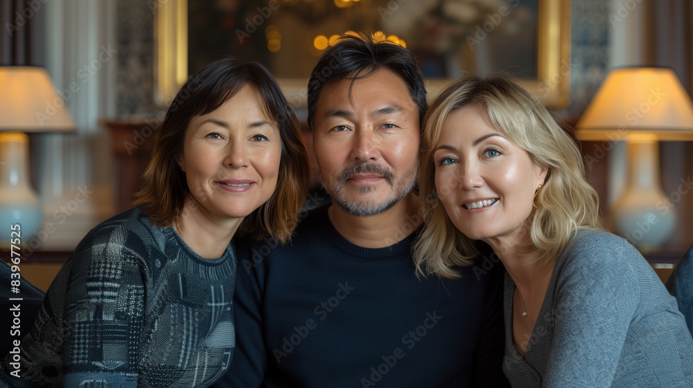 Group portrait of three smiling adults indoors. Group portrait of three smiling adults indoors.