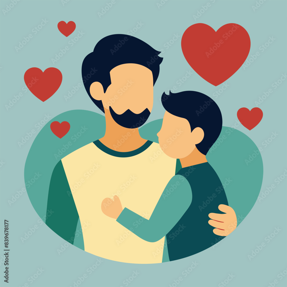 Fototapeta premium In front of a heart, a man and a boy are embracing each other with love