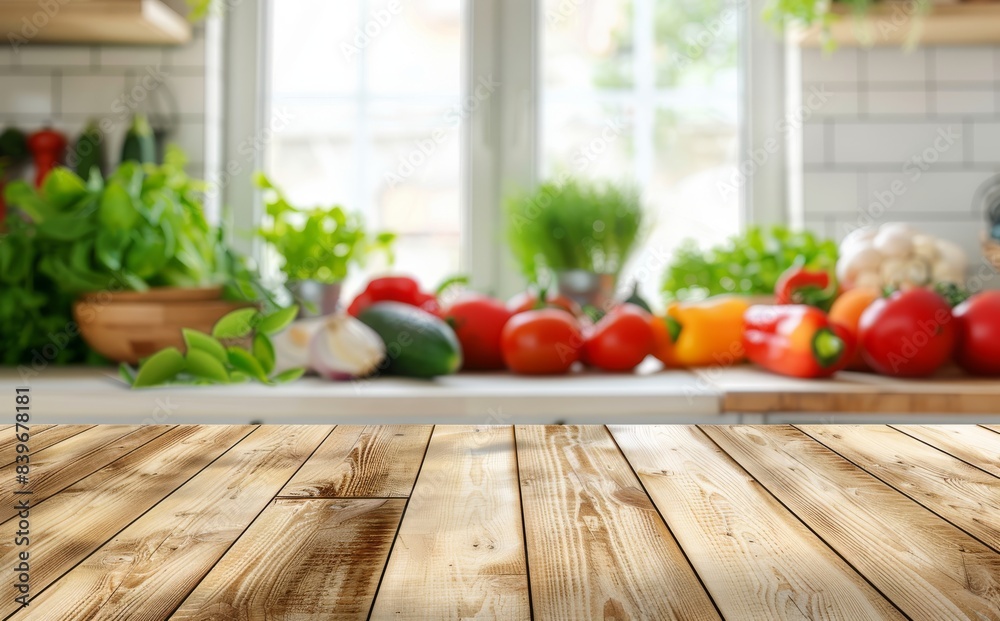 Empty wooden table top with blurred kitchen interior background 