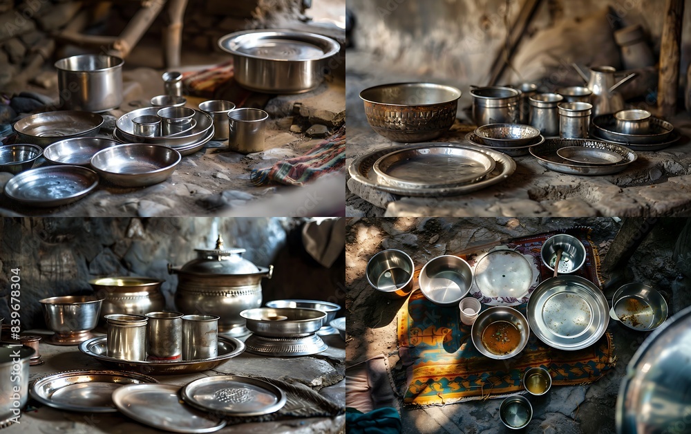 A set of stainless steel plates, pots and cups were placed on the ground in an Indian village kitchen A set of stainless steel plates, pots and cups were placed on the ground in an Indian village kitchen