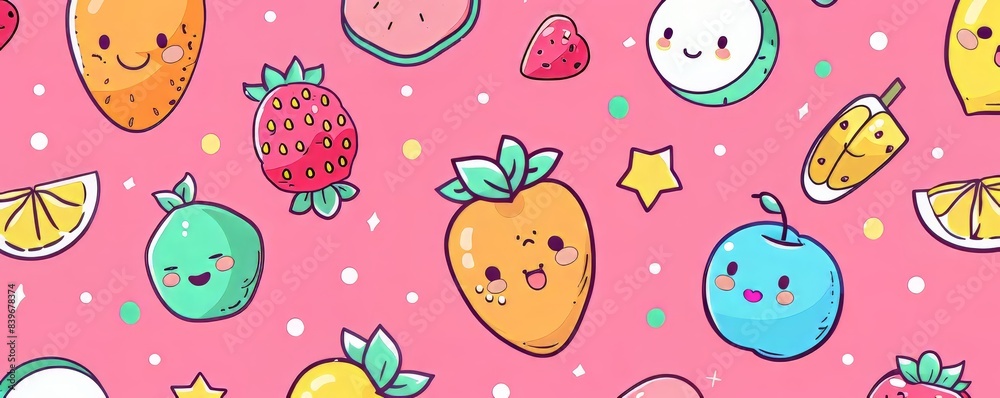 Cute Fruit Pattern on Pink Background Cute Fruit Pattern on Pink Background