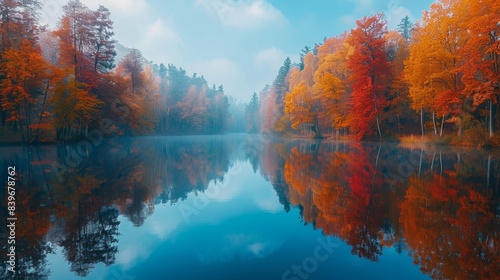 autumn lake reflection, a serene autumn morning with a colorful tree-lined lake reflecting the vibrant foliage, creating a picturesque fall setting